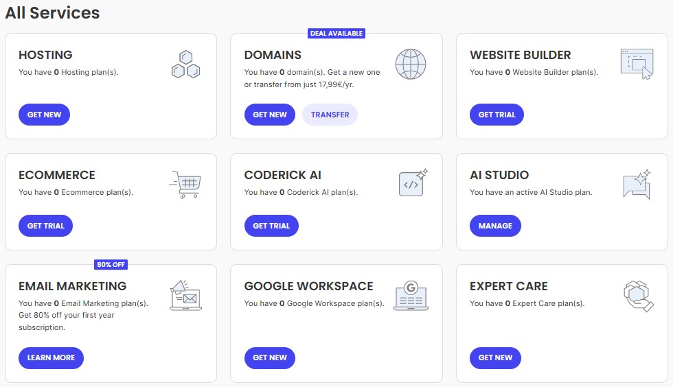 SiteGround dashboard showing hosting services, domains, website builder and website management tools