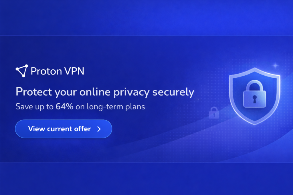 Proton VPN review banner with privacy protection and pricing discount