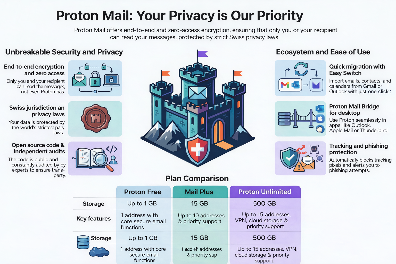 Proton Mail infographic showing encryption, Swiss privacy, security features and plan comparison